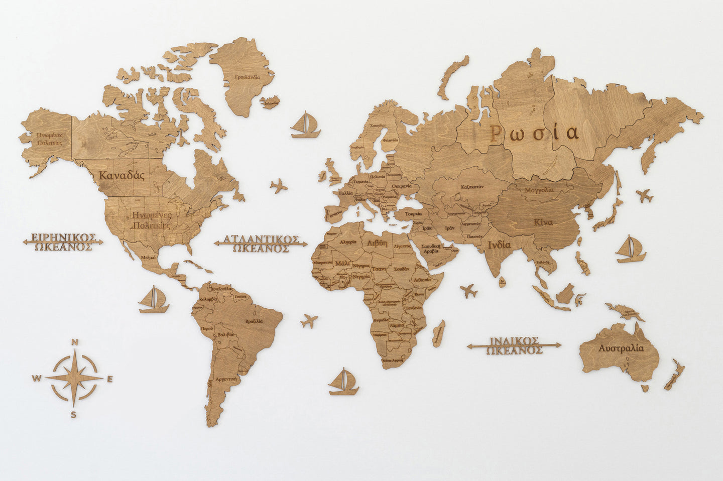 Ξύλινος παγκόσμιος χάρτης τοίχου ΚΑΡΥΔΙΑ - (190 x 110) / Με Ονόματα
