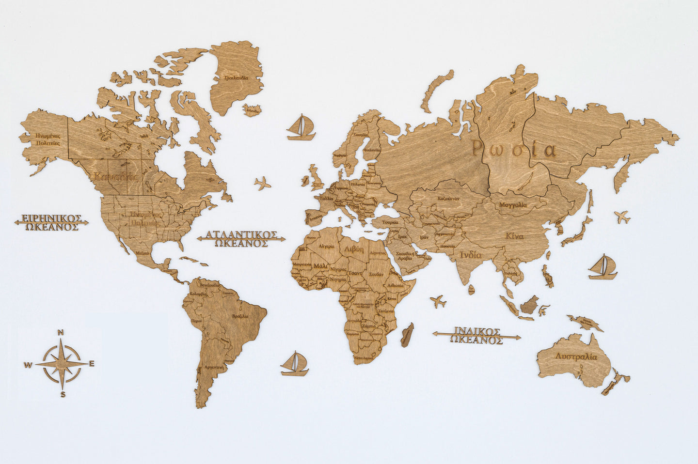 Ξύλινος παγκόσμιος χάρτης τοίχου ΚΑΡΥΔΙΑ - (115 x 65) / Με ονόματα