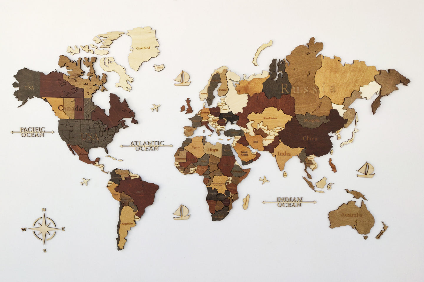 ΝΕΟΣ Ξύλινος τρισδιάστατος παγκόσμιος χάρτης τοίχου - (115 x 65) / Με αγγλικά ονόματα