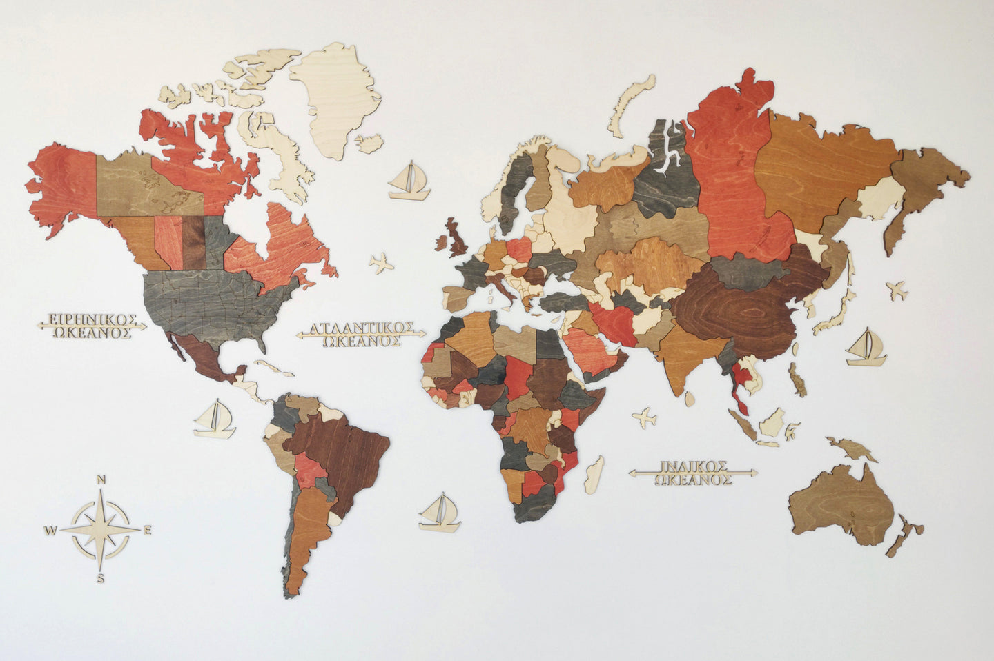 Ξύλινος τρισδιάστατος παγκόσμιος χάρτης τοίχου - (190 x 110) / Κενός
