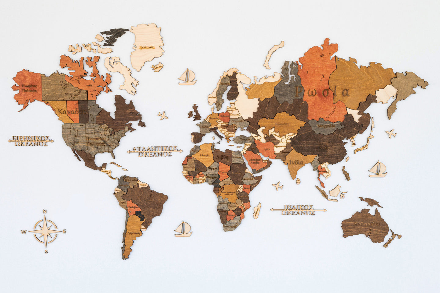 Ξύλινος τρισδιάστατος παγκόσμιος χάρτης τοίχου - (115 x 65) / Με ονόματα