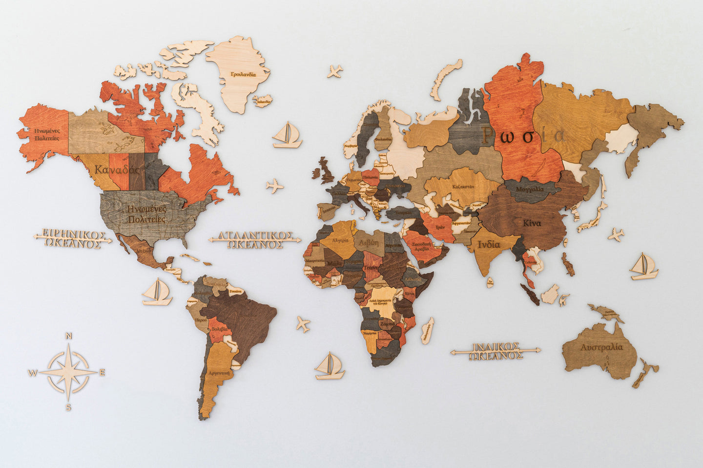 Ξύλινος τρισδιάστατος παγκόσμιος χάρτης τοίχου - (190 x 110) / Με ονόματα