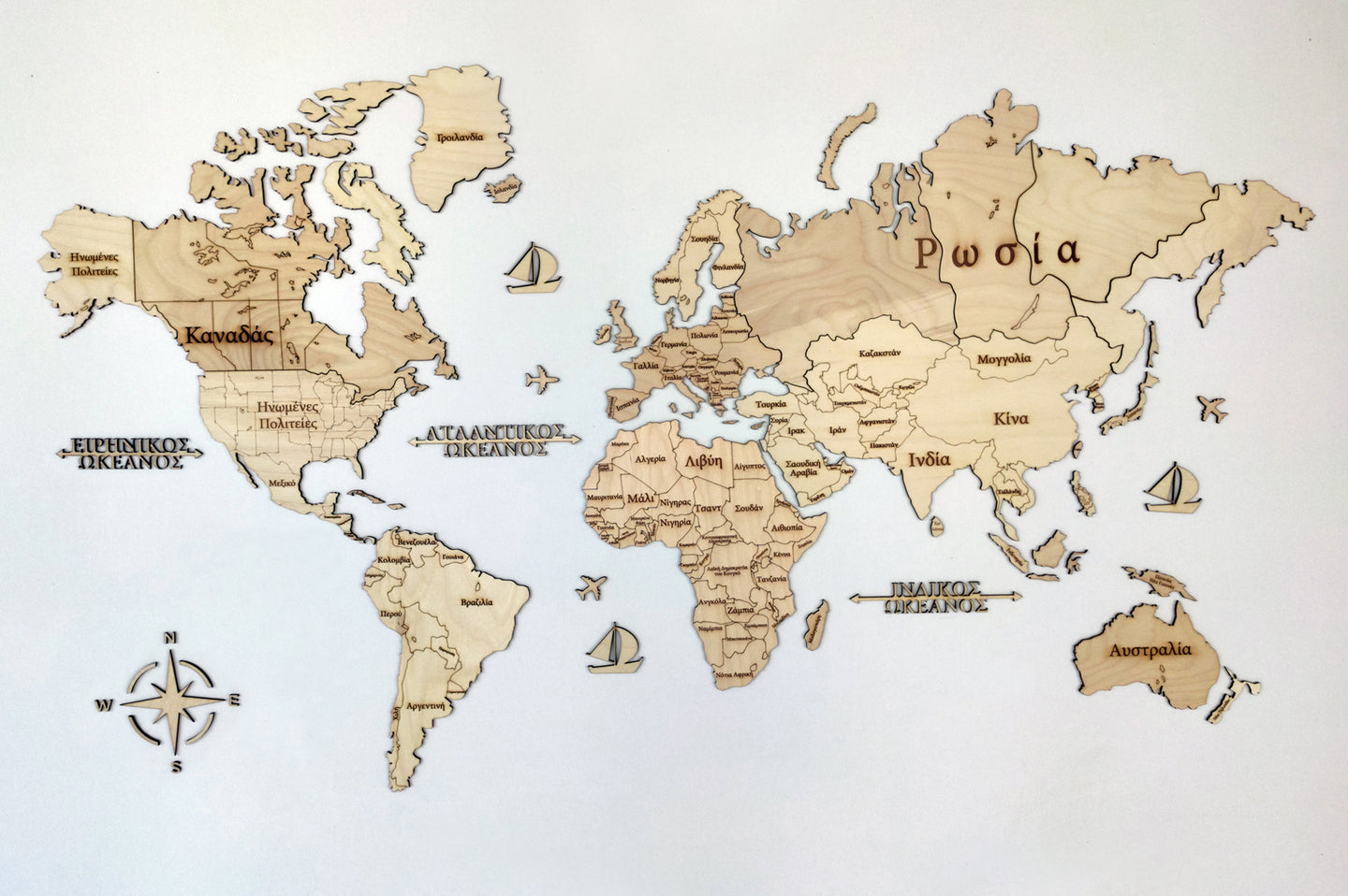Ξύλινος παγκόσμιος χάρτης τοίχου ΦΥΣΙΚΟ ΞΥΛΟ - (115 x 65) / Με ονόματα