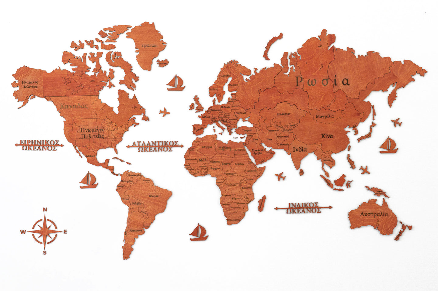 Ξύλινος παγκόσμιος χάρτης τοίχου ΚΕΡΑΣΙΑ - (190 x 110) / Με Ονόματα