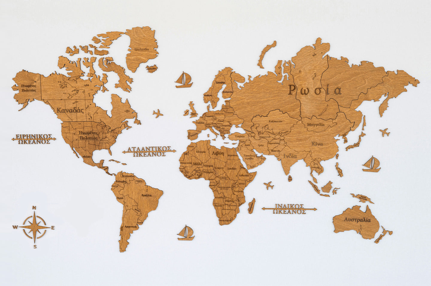 Ξύλινος παγκόσμιος χάρτης τοίχου ΔΡΥΣ - (115 x 65) / Με ονόματα