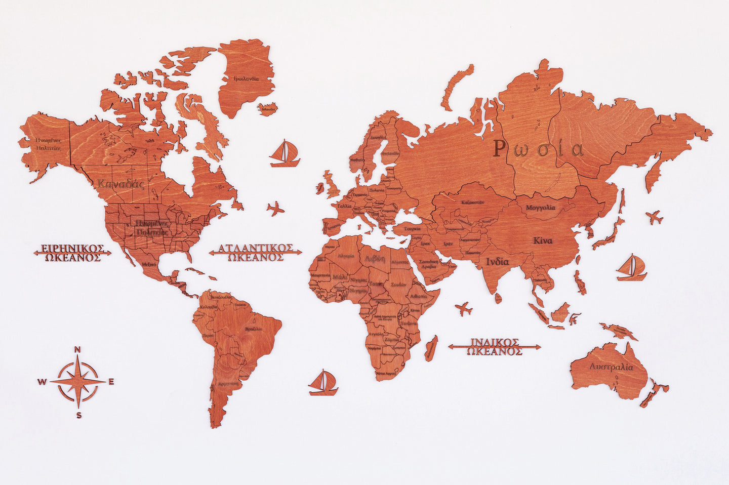 Ξύλινος παγκόσμιος χάρτης τοίχου ΚΕΡΑΣΙΑ - (115 x 65) / Με ονόματα