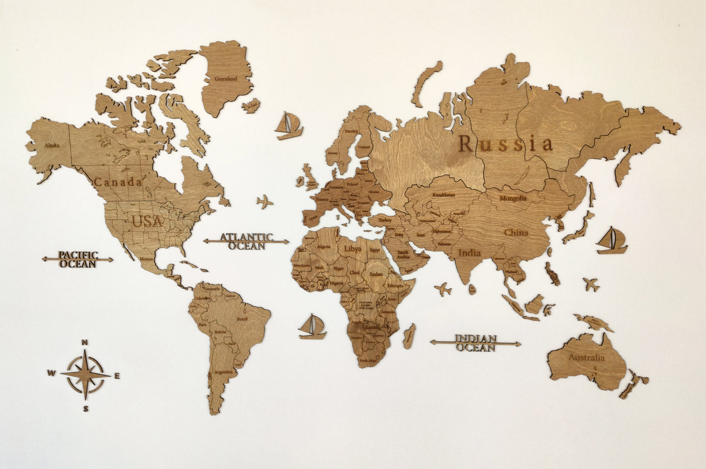 Ξύλινος παγκόσμιος χάρτης τοίχου ΚΑΡΥΔΙΑ - (115 x 65) / Με αγγλικά ονόματα