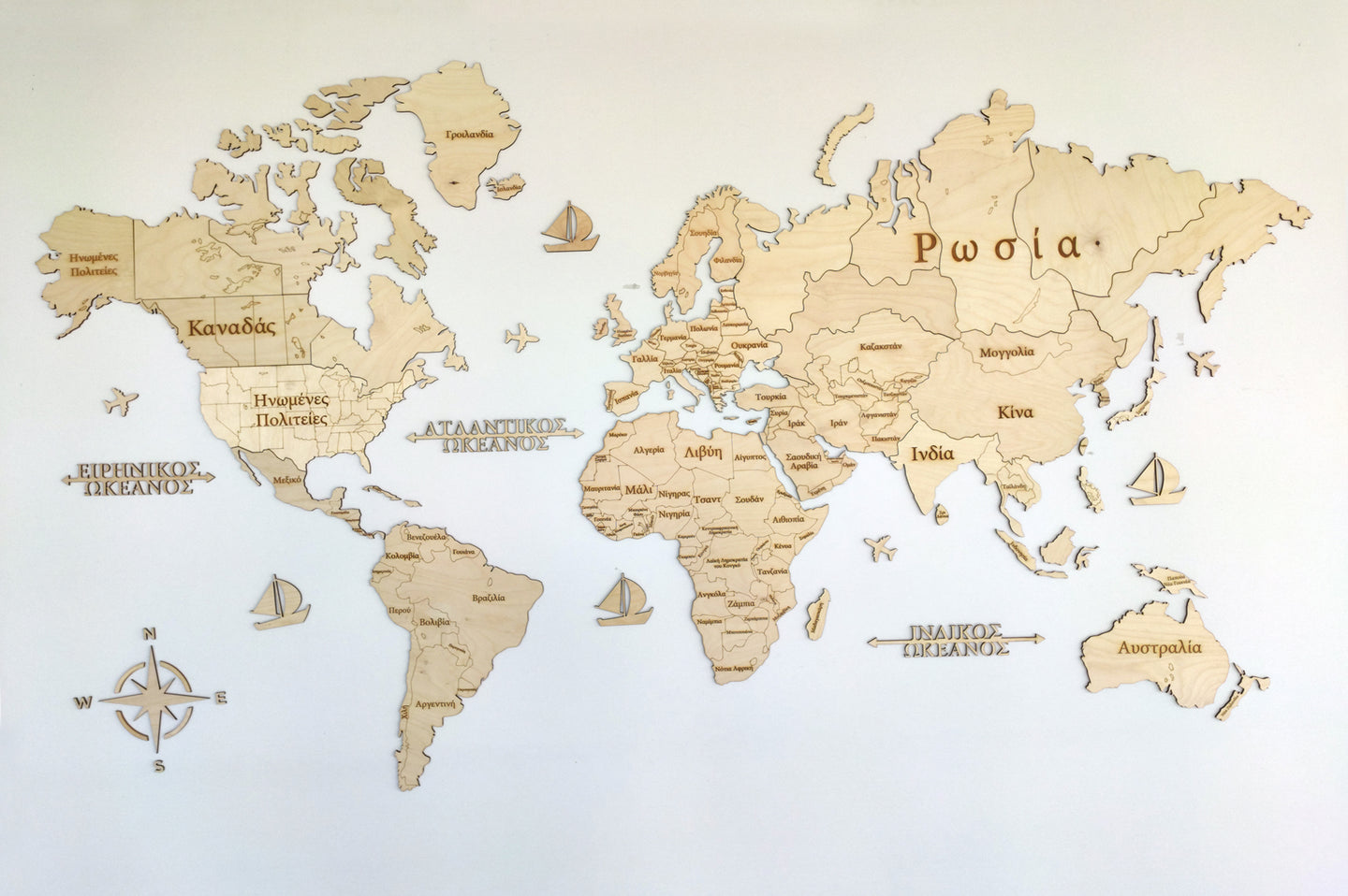 Ξύλινος παγκόσμιος χάρτης τοίχου ΦΥΣΙΚΟ ΞΥΛΟ - (190 x 110) / Με Ονόματα