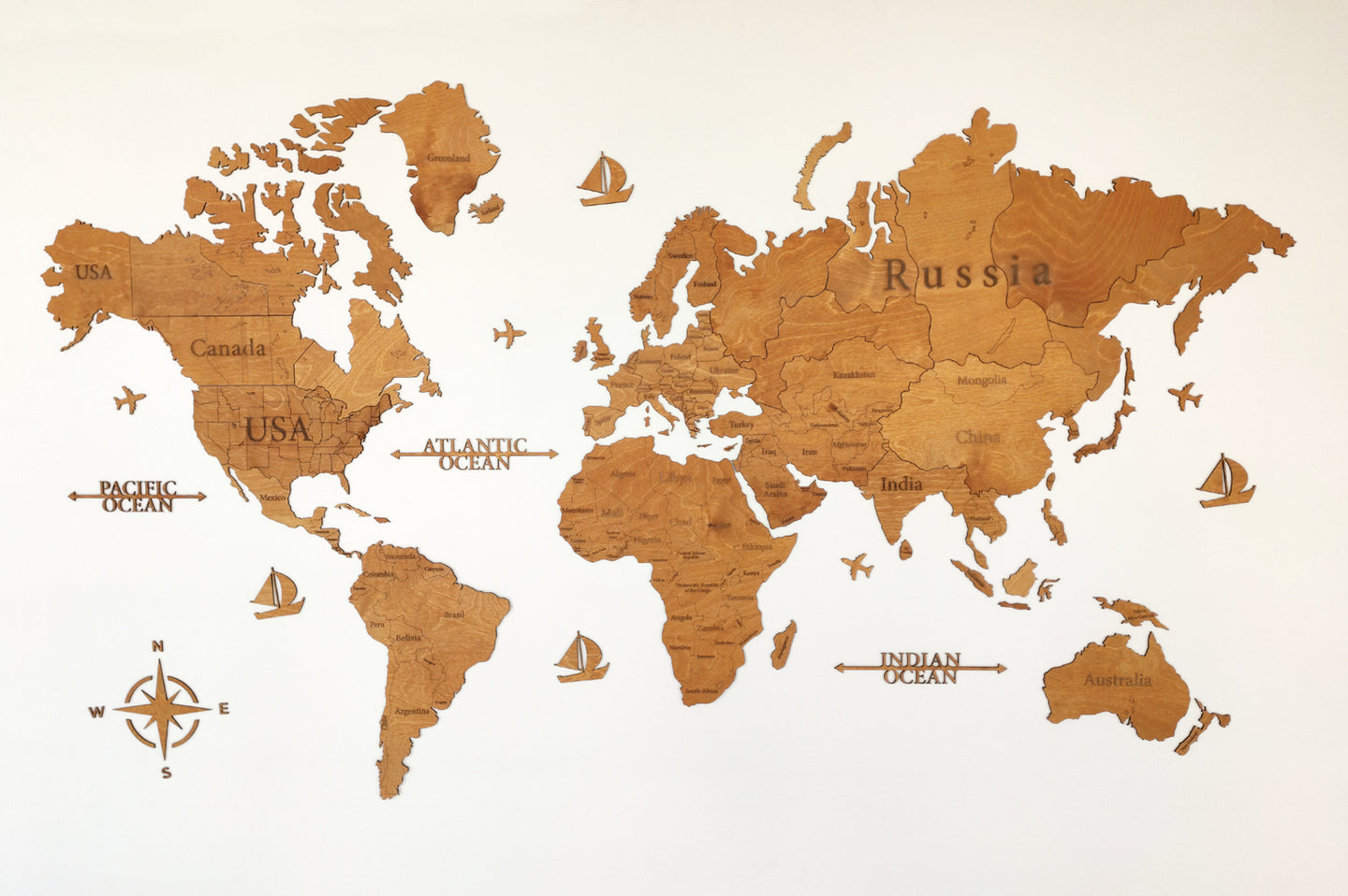 Ξύλινος παγκόσμιος χάρτης τοίχου ΔΡΥΣ - (190 x 110) / Με αγγλικά ονόματα