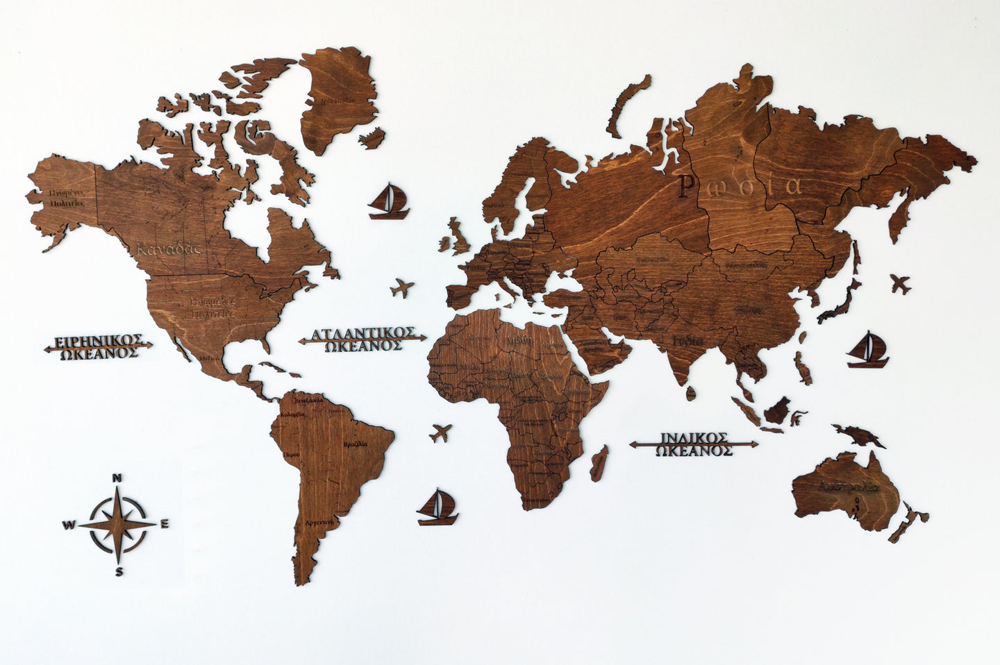 Ξύλινος παγκόσμιος χάρτης τοίχου ΚΑΣΤΑΝΙΑ - (115 x 65) / Με ονόματα