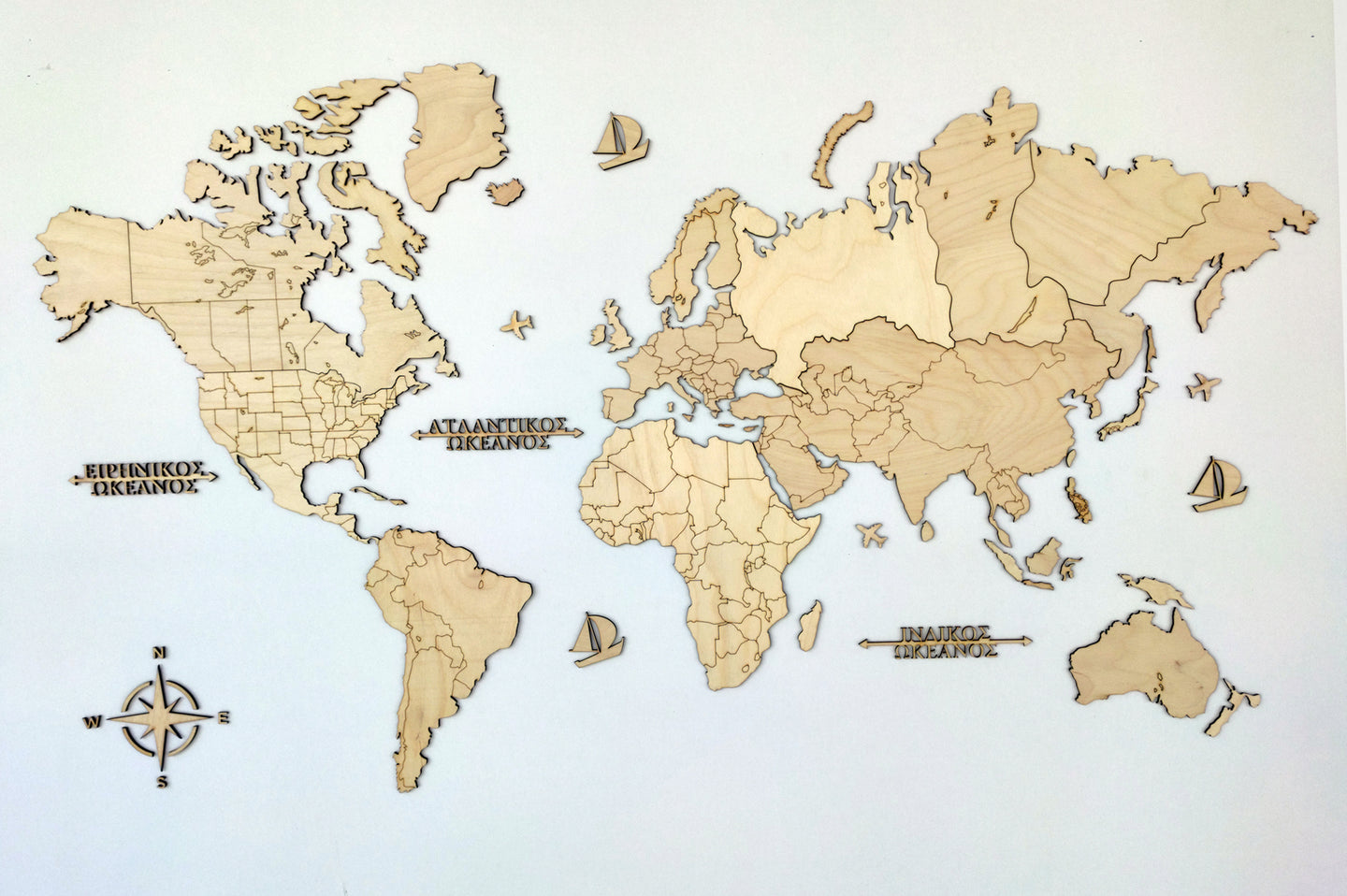 Ξύλινος παγκόσμιος χάρτης τοίχου ΦΥΣΙΚΟ ΞΥΛΟ - (115 x 65) / Κενός