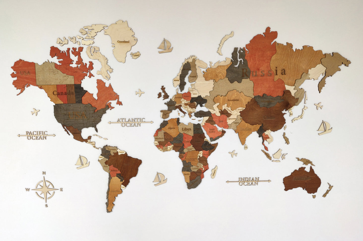 Ξύλινος τρισδιάστατος παγκόσμιος χάρτης τοίχου - (190 x 110) / Με αγγλικά ονόματα