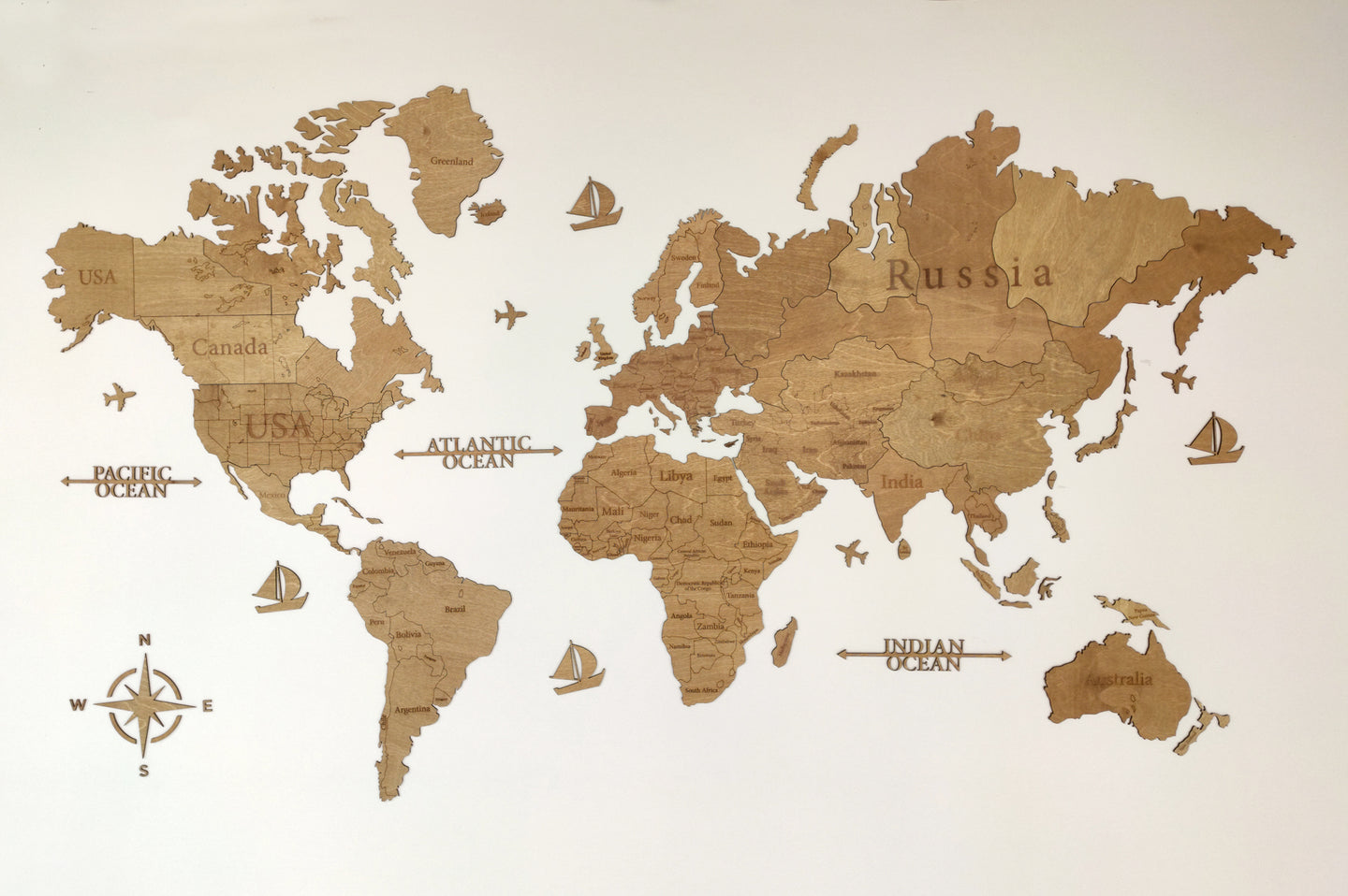 Ξύλινος παγκόσμιος χάρτης τοίχου ΚΑΡΥΔΙΑ - (190 x 110) / Με αγγλικά ονόματα
