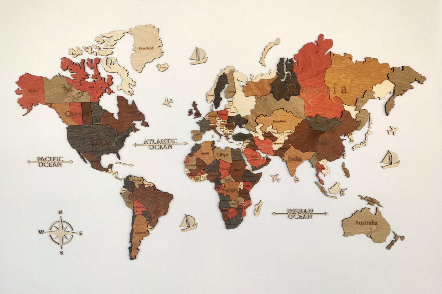 Ξύλινος τρισδιάστατος παγκόσμιος χάρτης τοίχου - (115 x 65) / Με αγγλικά ονόματα