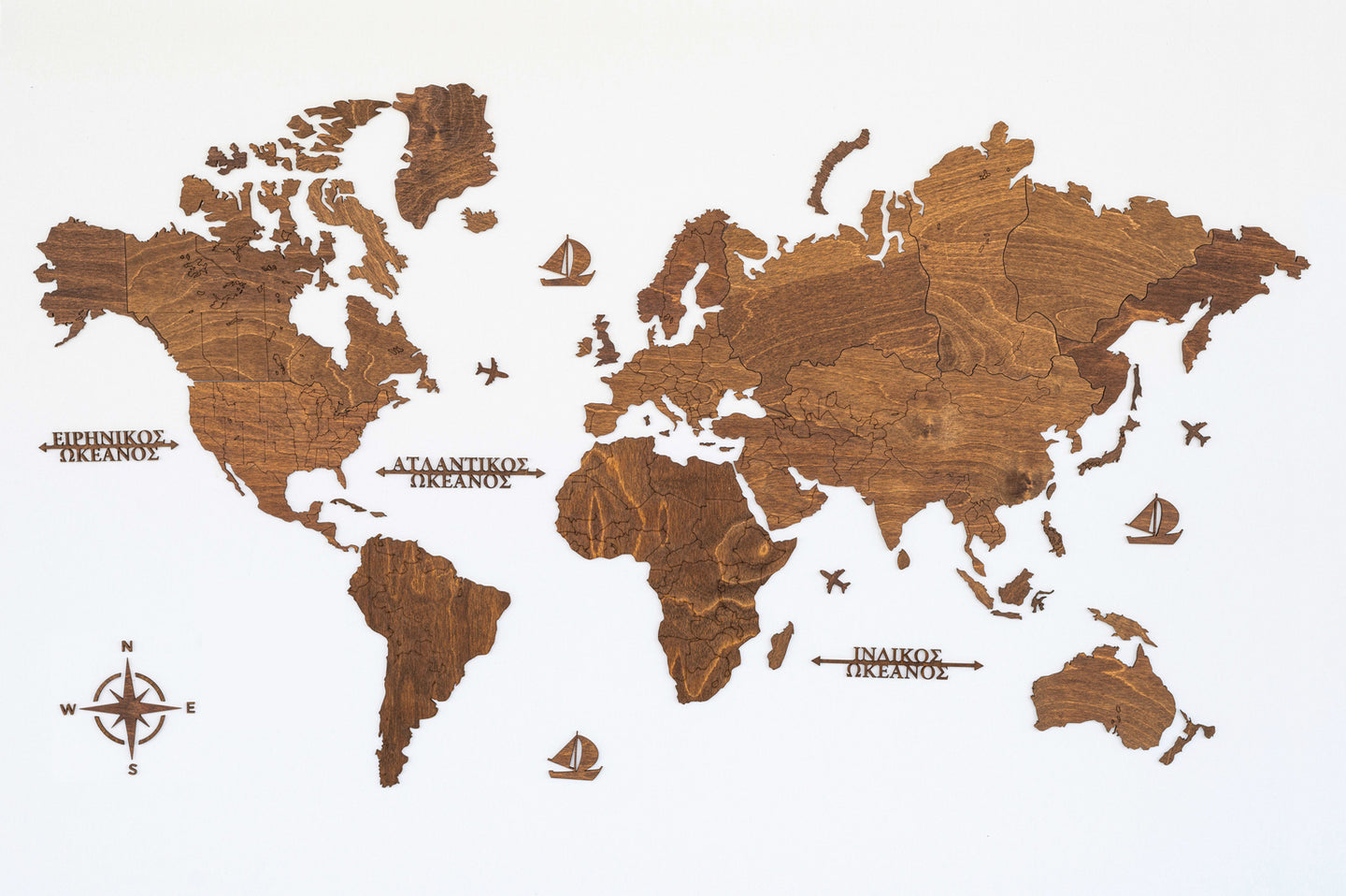 Ξύλινος παγκόσμιος χάρτης τοίχου ΚΑΣΤΑΝΙΑ - (115 x 65) / Κενός