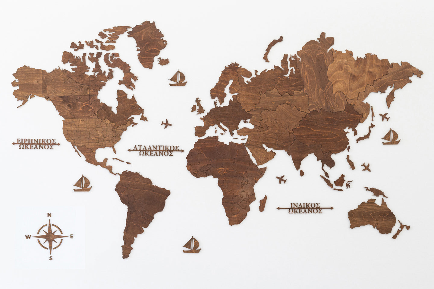 Ξύλινος παγκόσμιος χάρτης τοίχου ΚΑΣΤΑΝΙΑ - (190 x 110) / Κενός
