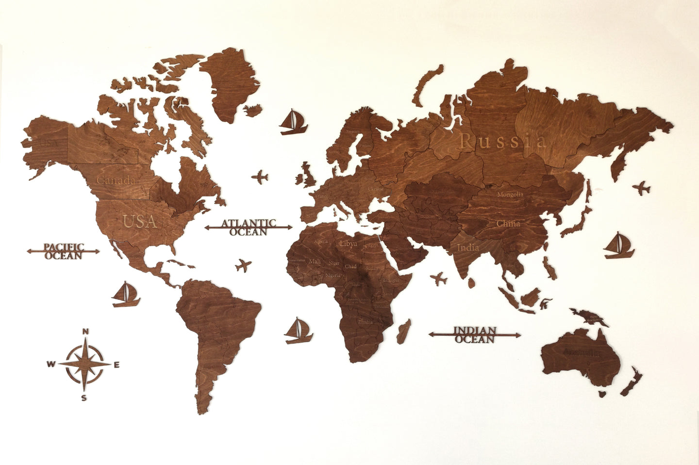 Ξύλινος παγκόσμιος χάρτης τοίχου ΚΑΣΤΑΝΙΑ - (190 x 110) / Με αγγλικά ονόματα