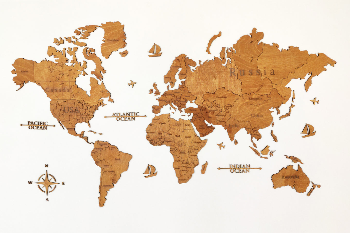 Ξύλινος παγκόσμιος χάρτης τοίχου ΔΡΥΣ - (115 x 65) / Με αγγλικά ονόματα